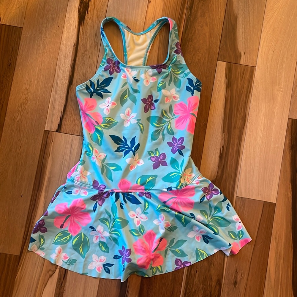 Lands' End Skirted One-Piece Swimsuit  Aqua Blue Tropical Floral 10